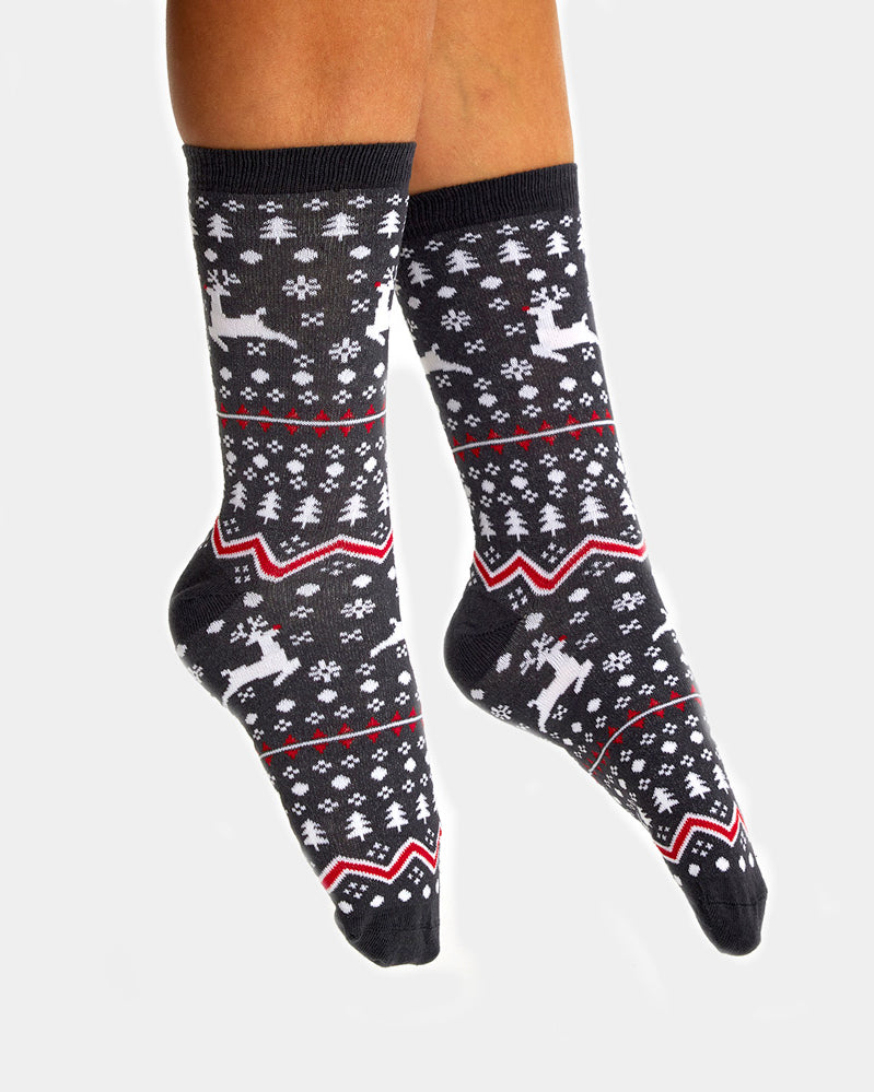 Grey Unisex Ugly Christmas Socks with Reindeers and Trees womens and men