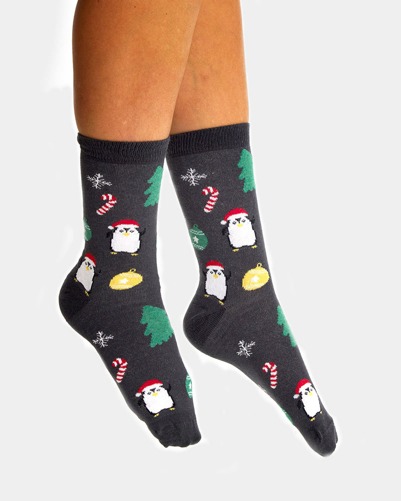 Grey Unisex Ugly Christmas Socks with Trees and Penguins women and men