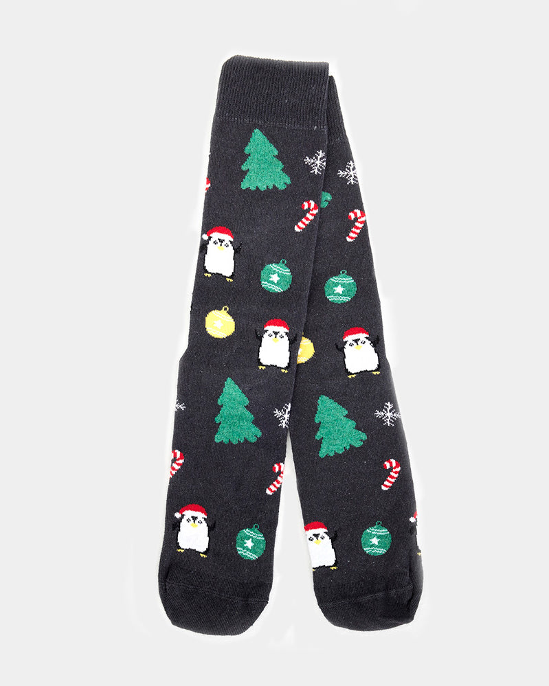Grey Unisex Ugly Christmas Socks with Trees and Penguins