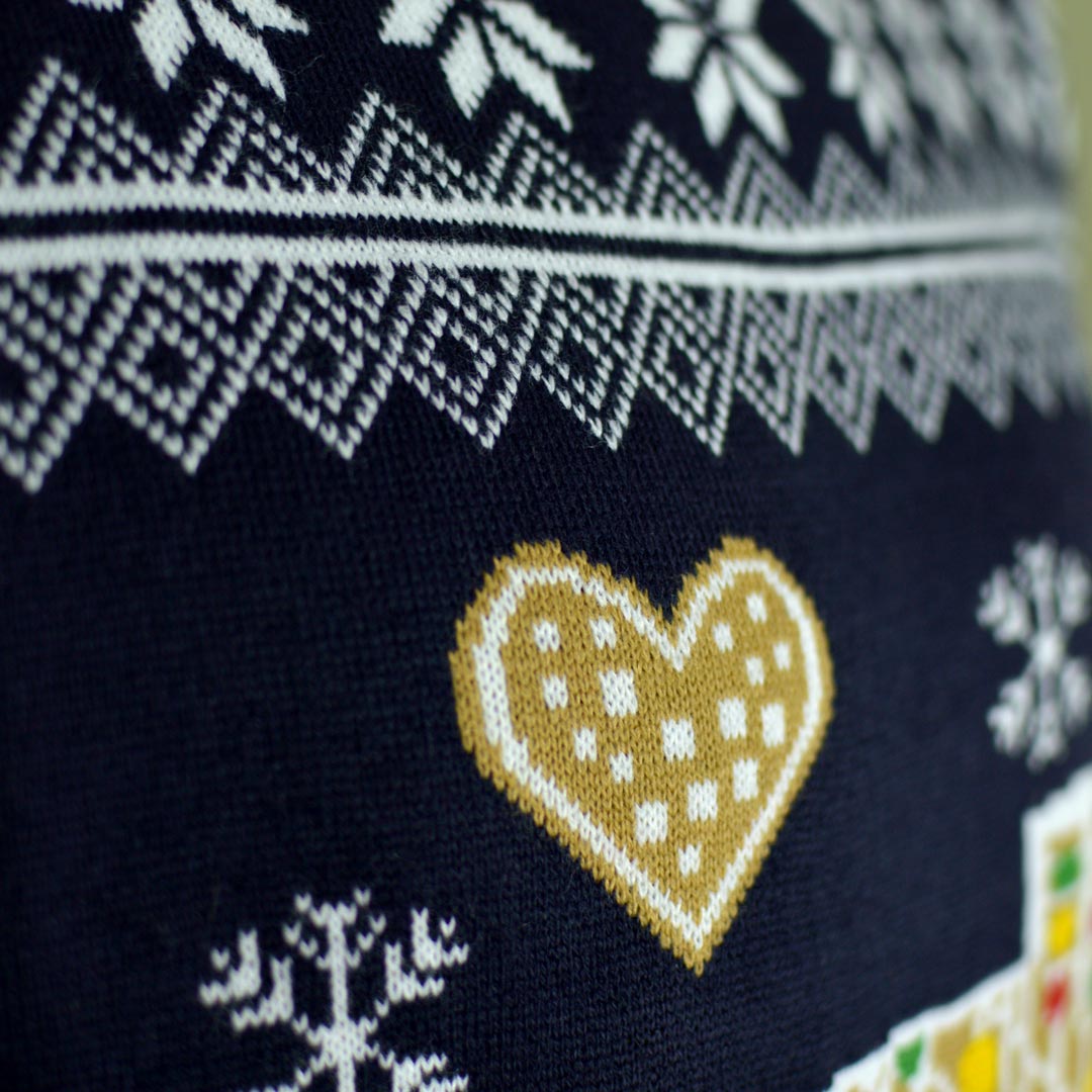 LED light-up Family Ugly Christmas Sweater with Gingerbread House Detail 1