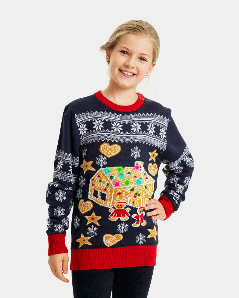 LED light-up Family Ugly Christmas Sweater with Gingerbread House Girls