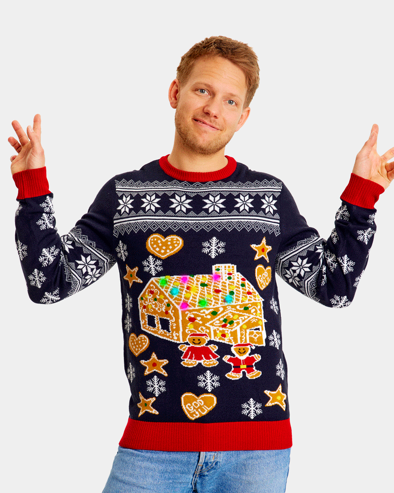 LED light-up Family Ugly Christmas Sweater with Gingerbread House Mens