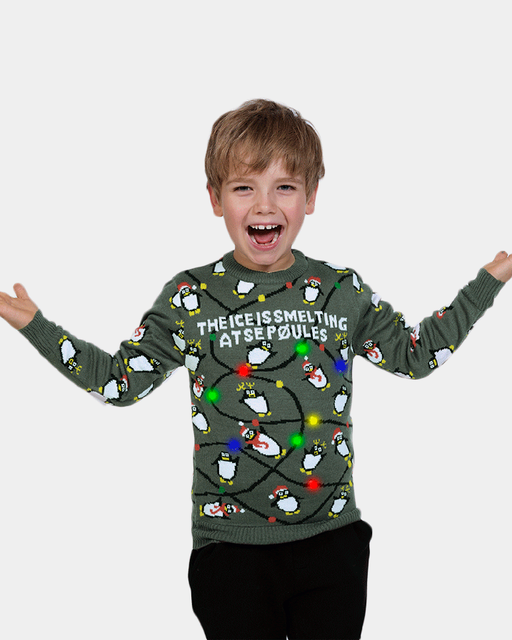 Boys LED light-up Family Ugly Christmas Sweater with Penguins