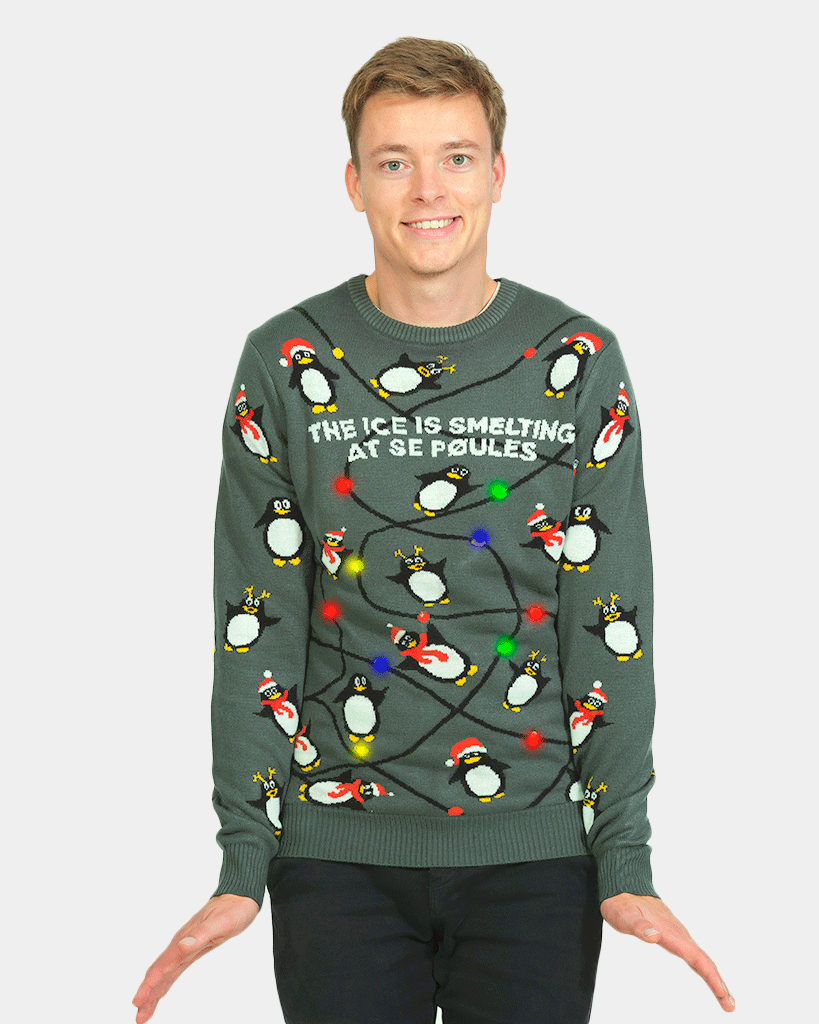 Mens LED light-up Family Ugly Christmas Sweater with Penguins