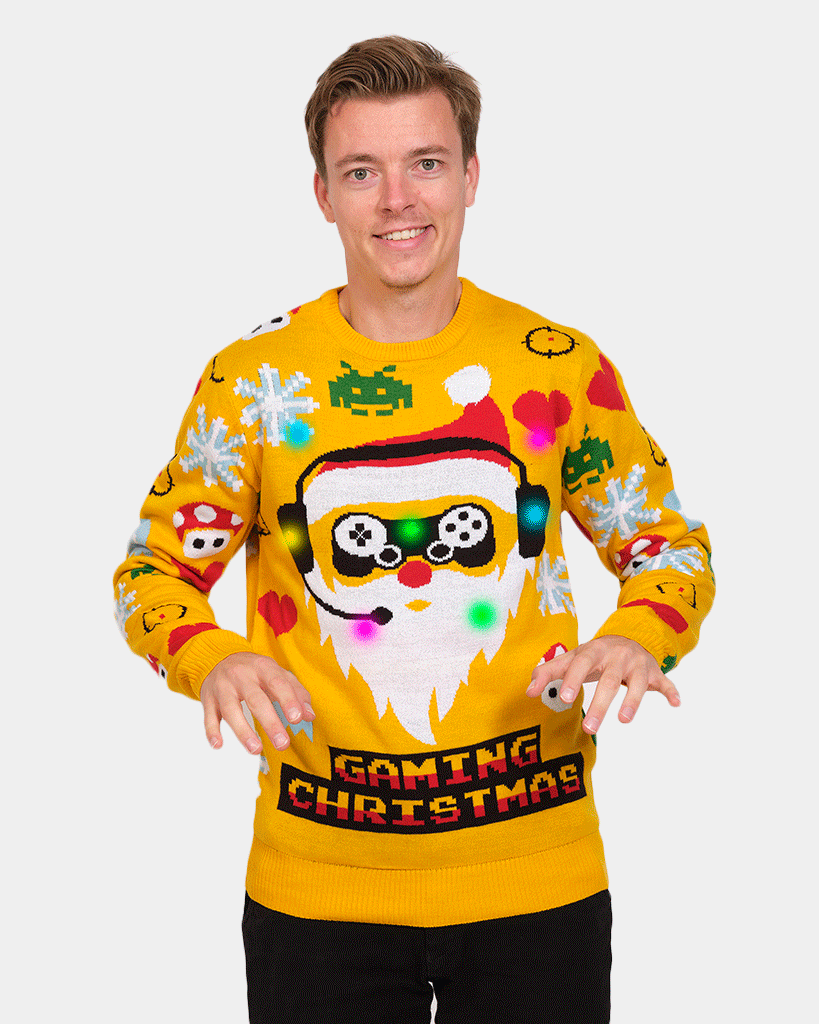 Mens LED light-up Family's Ugly Christmas Sweater with Santa Gamer