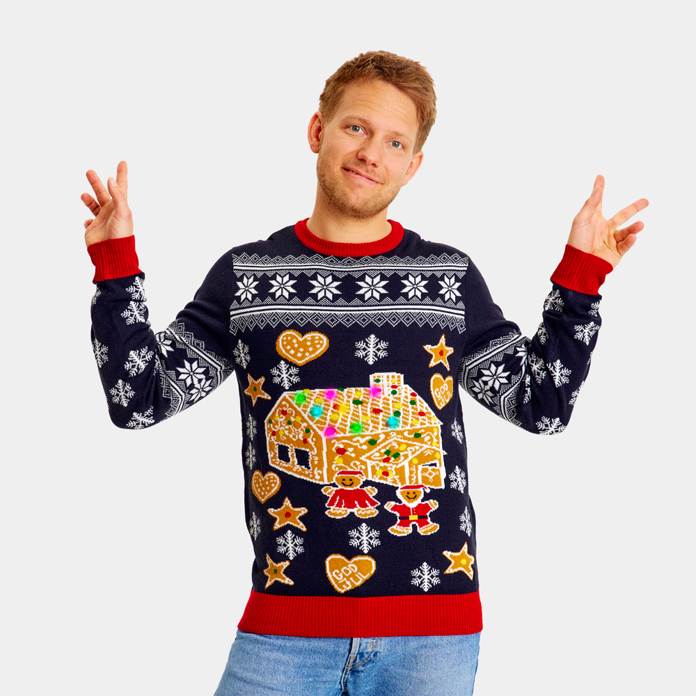 LED light-up Mens Ugly Christmas Sweater Gingerbread House – Ugly