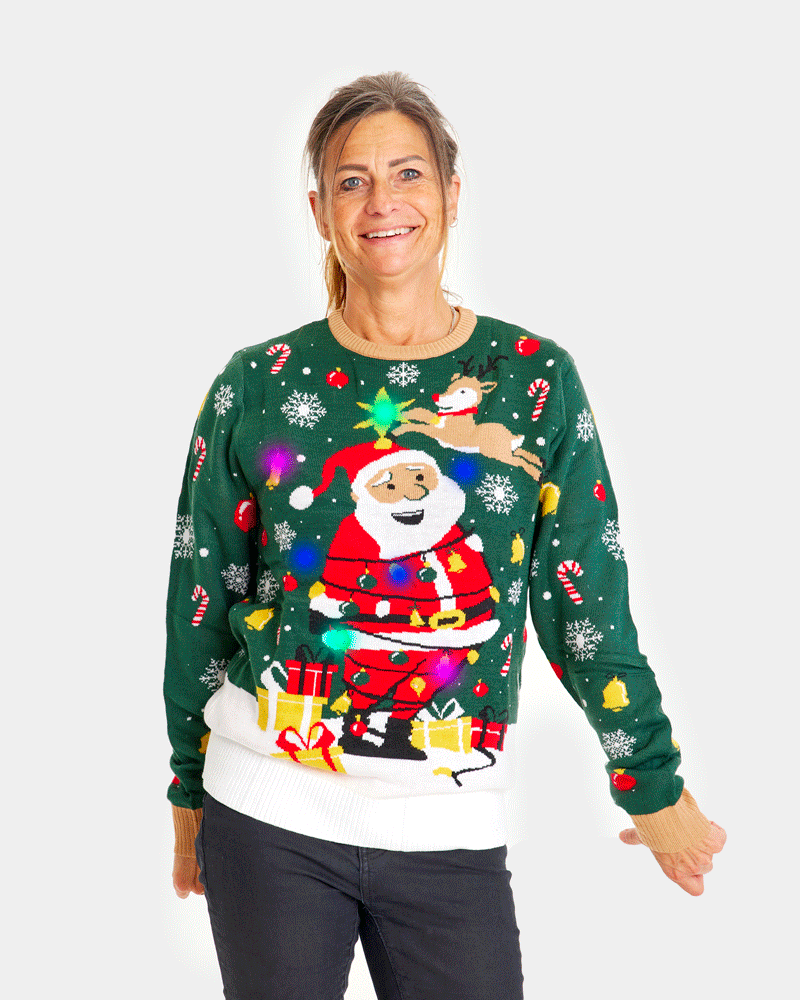 LED light-up Ugly Christmas Sweater Santa Claus in a mess Womens