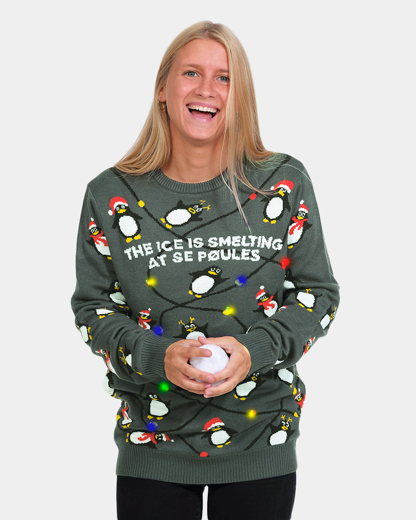 Womens LED light-up Ugly Christmas Sweater with Penguins