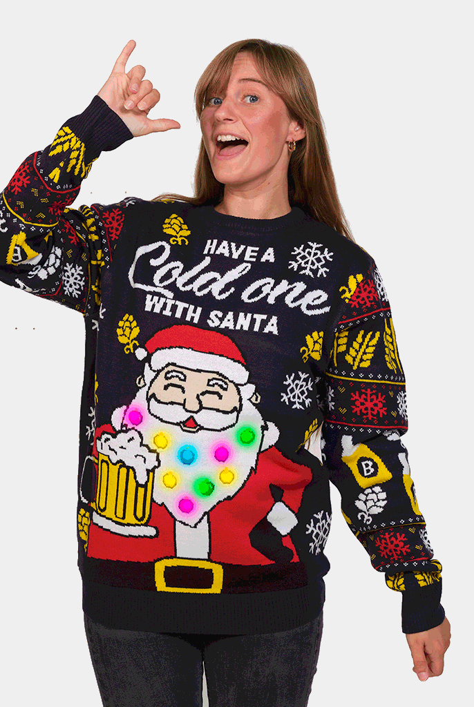 Womens LED Light-Up Ugly Christmas Sweater Santa with Beer
