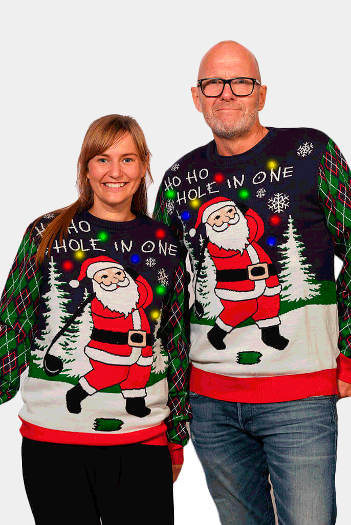 Couple LED light-up Ugly Christmas Sweater with Santa playing Golf