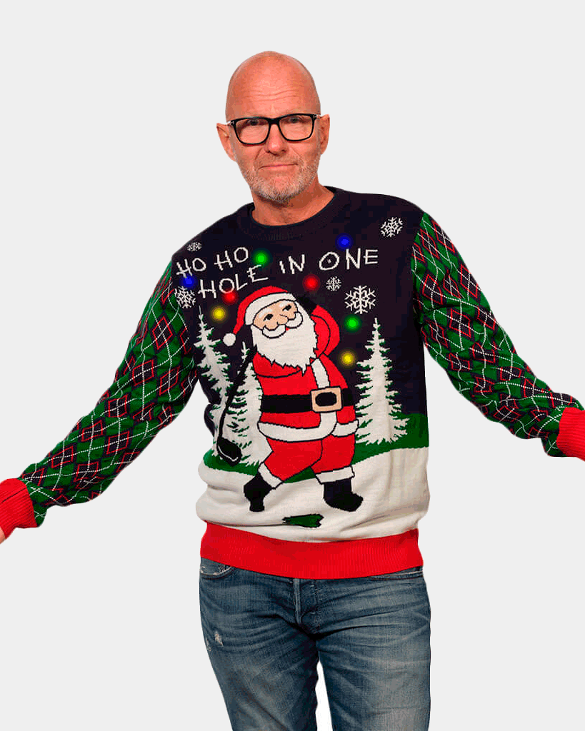 Mens LED light-up Ugly Christmas Sweater with Santa playing Golf