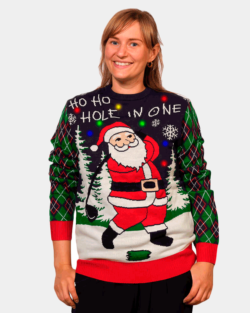 Womens LED light-up Ugly Christmas Sweater with Santa playing Golf