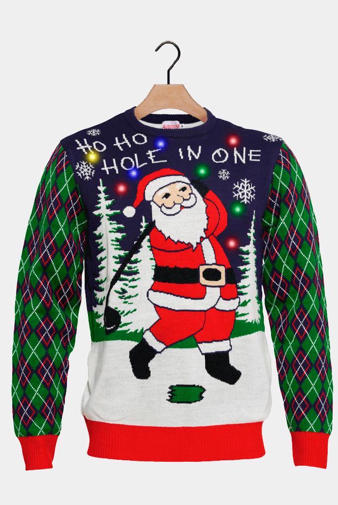 LED light-up Ugly Christmas Sweater with Santa playing Golf