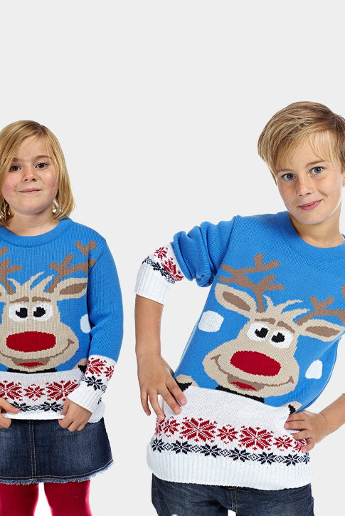 Light Blue Boys and Girls Ugly Christmas Sweater with Reindeer and Snow Kids