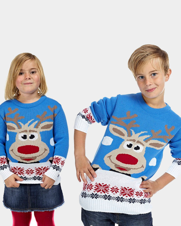 Light Blue Boys and Girls Ugly Christmas Sweater with Reindeer and Snow Kids
