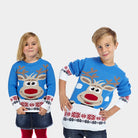 Light Blue Boys and Girls Ugly Christmas Sweater with Reindeer and Snow Kids