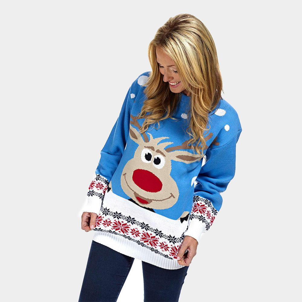 Womens Light Blue Ugly Christmas Sweater with Reindeer and Snow