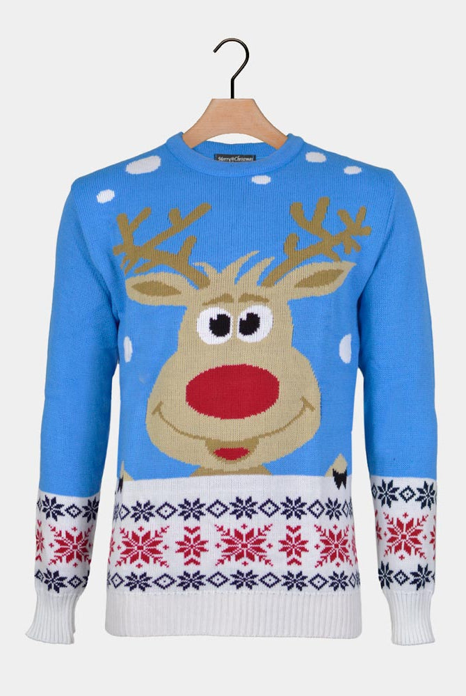 Light Blue Ugly Christmas Sweater with Reindeer and Snow