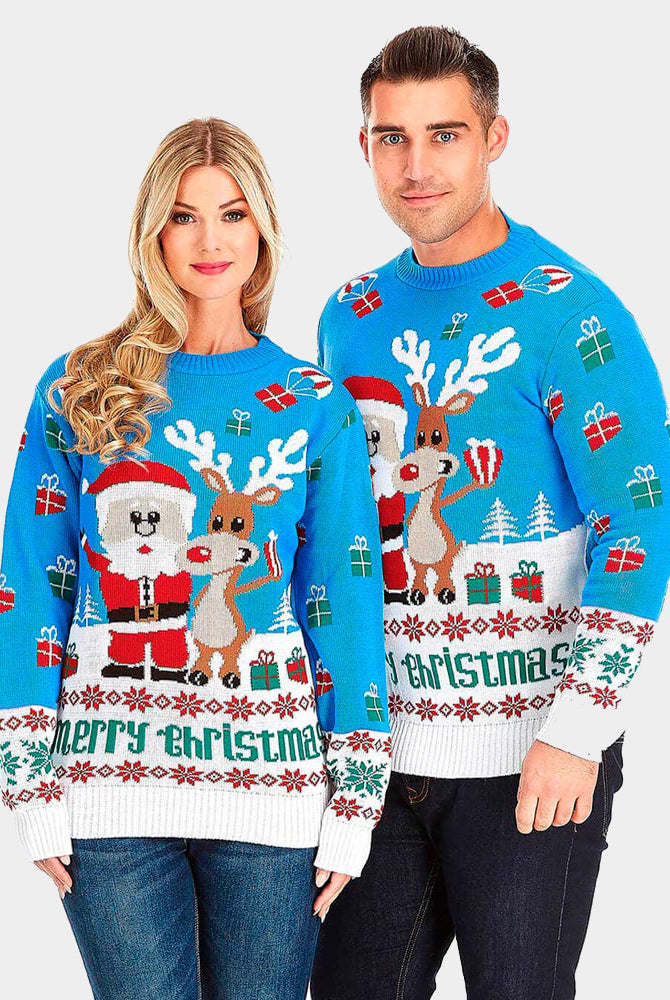 Couple Light Blue Ugly Christmas Sweater with Santa and Rudolph