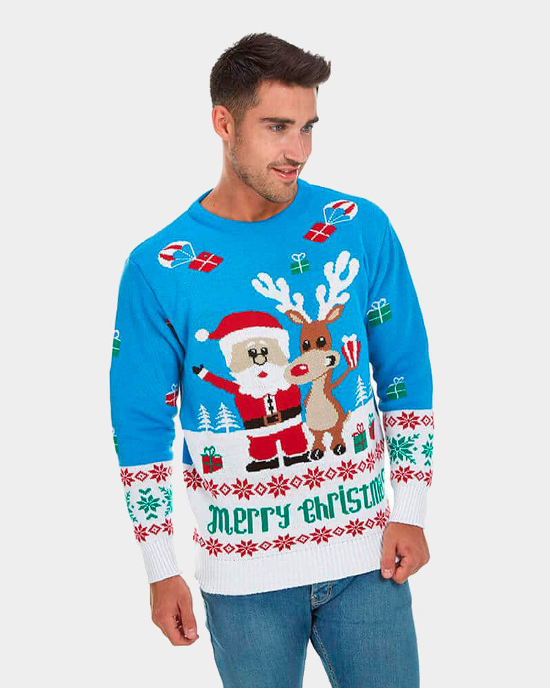 Mens Light Blue Ugly Christmas Sweater with Santa and Rudolph
