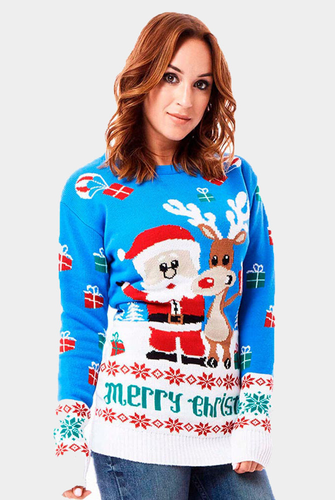 Womens Light Blue Ugly Christmas Sweater with Santa and Rudolph