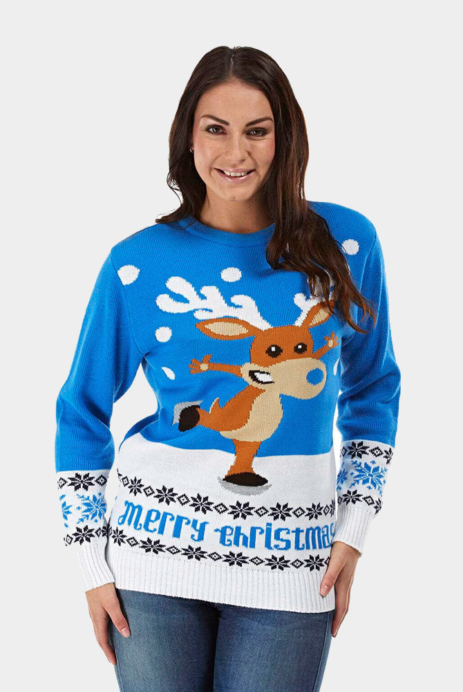 Womens Light Blue Ugly Christmas Sweater with skating Reindeer