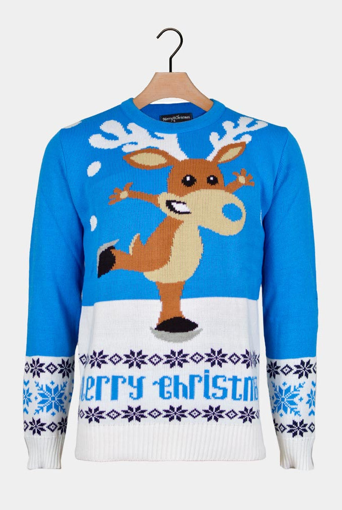 Light Blue Ugly Christmas Sweater with skating Reindeer