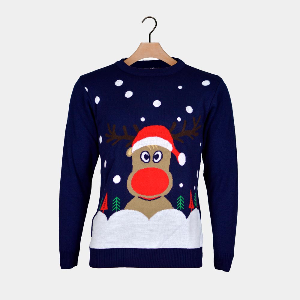 Navy Blue Ugly Christmas Sweater with Reindeer and Snow