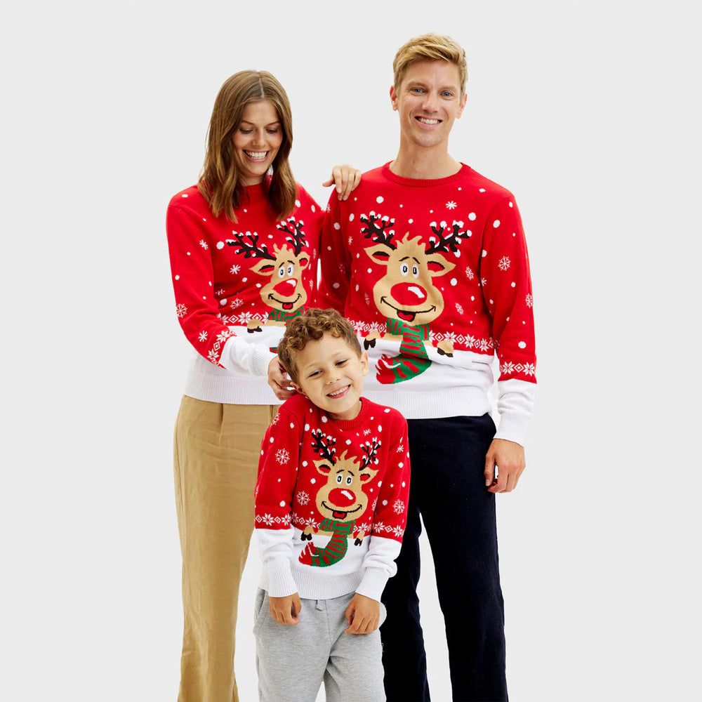 Organic Cotton Family Ugly Christmas Sweater Reindeer with Scarf Kids