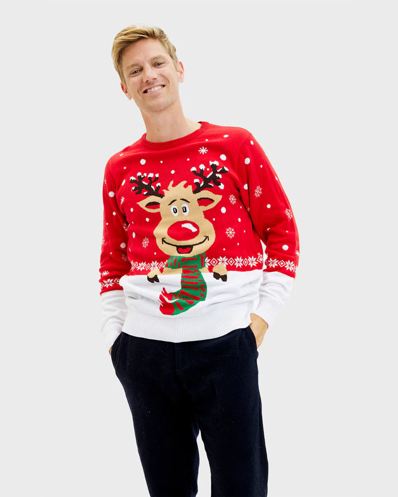 Mens Organic Cotton Ugly Christmas Sweater Reindeer with Scarf