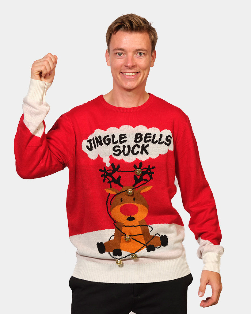 Mens Red 3D Jingle Bells Suck Ugly Christmas Sweater