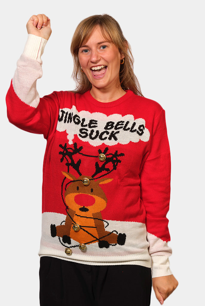 Womens Red 3D Jingle Bells Suck Ugly Christmas Sweater