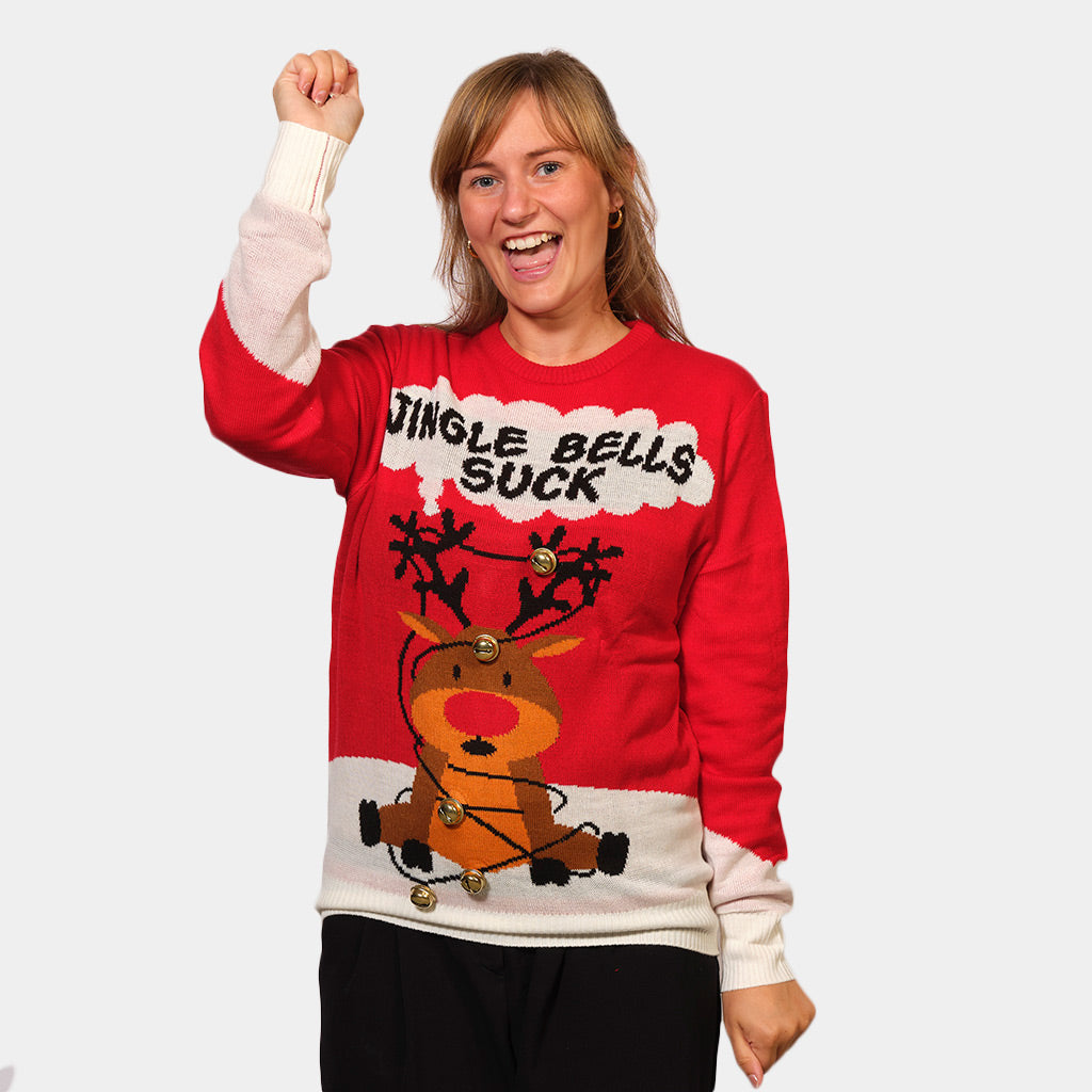 Womens Red 3D Jingle Bells Suck Ugly Christmas Sweater