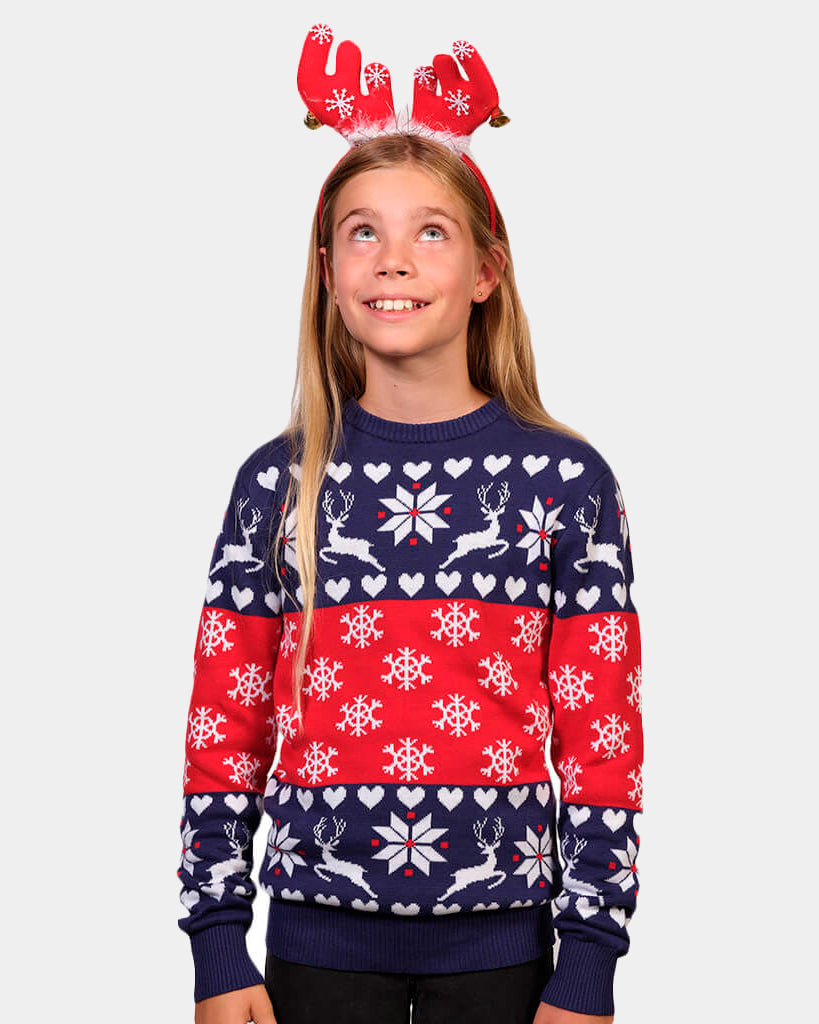 Red and Blue Girls Ugly Christmas Sweater with Reindeers and Hearts
