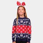Red and Blue Girls Ugly Christmas Sweater with Reindeers and Hearts