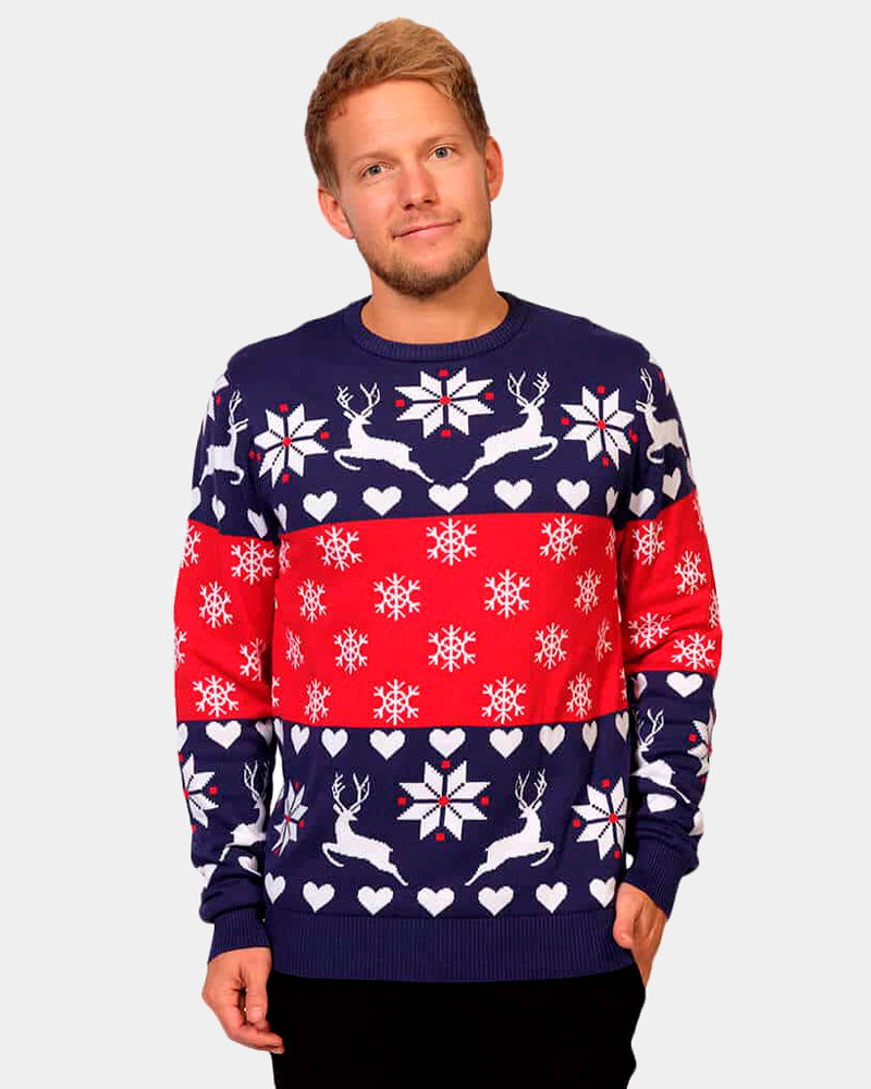 Mens Red and Blue Ugly Christmas Sweater with Reindeers and Hearts