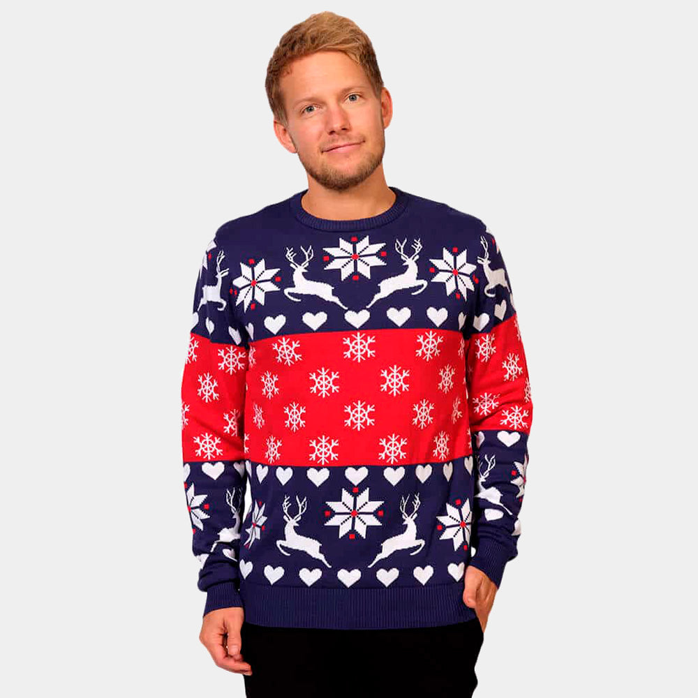 Mens Red and Blue Ugly Christmas Sweater with Reindeers and Hearts