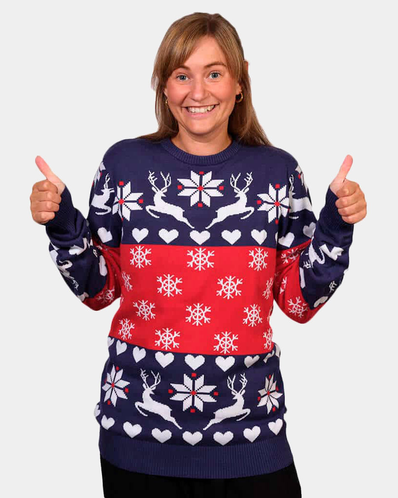 Womens Red and Blue Ugly Christmas Sweater with Reindeers and Hearts