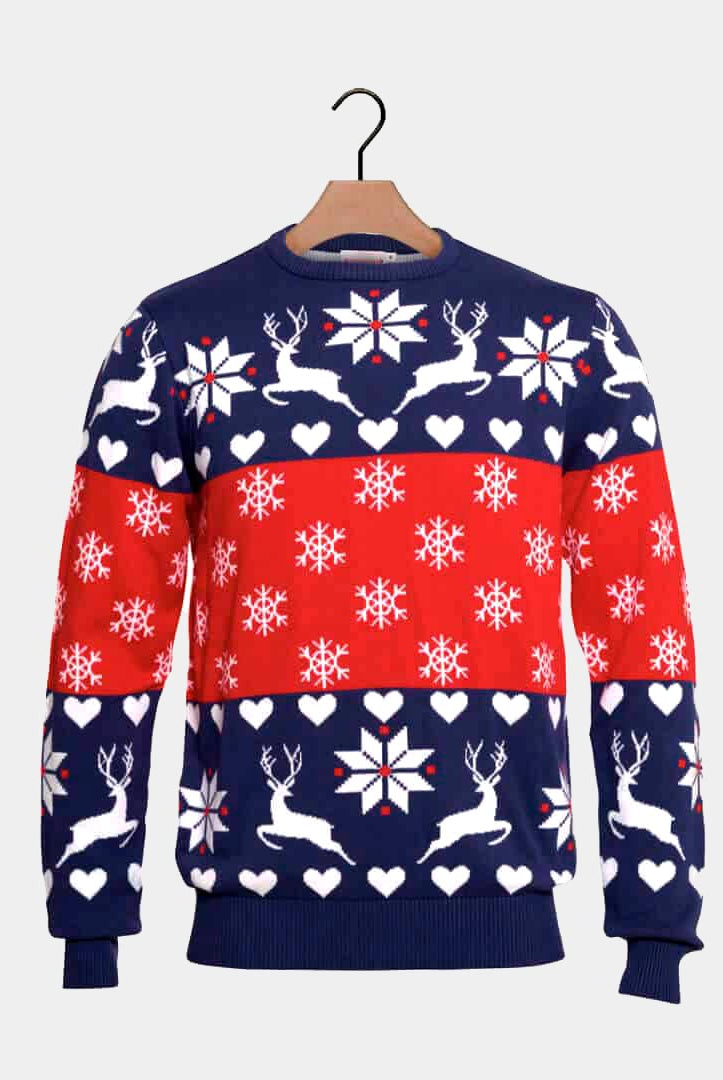 Red and Blue Ugly Christmas Sweater with Reindeers and Hearts