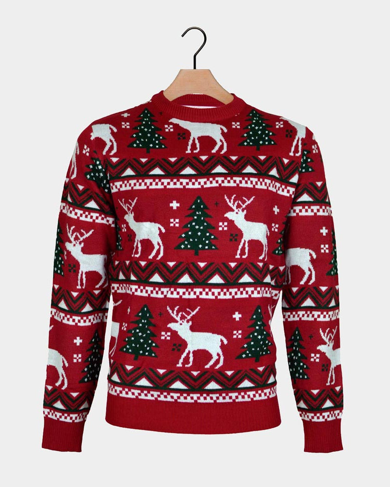 Red Boys and Girls Ugly Christmas Sweater with Reindeers and Christmas Trees