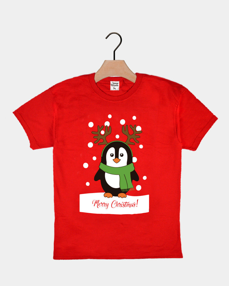 Red Boys and Girls Ugly Christmas T-Shirt with Penguin