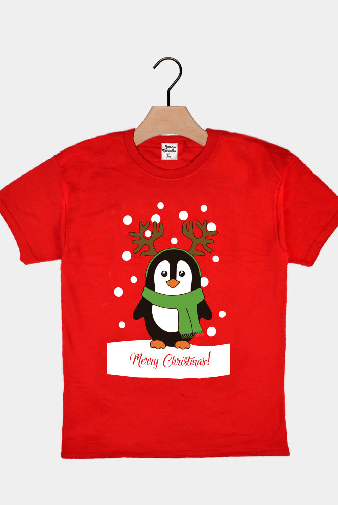 Red Boys and Girls Ugly Christmas T-Shirt with Penguin