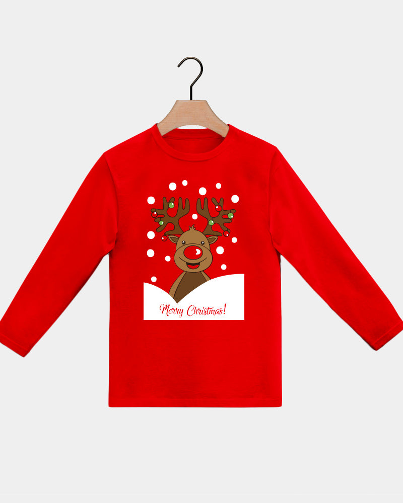 Red long sleeve Boys and Girls Ugly Christmas T-Shirt with Rudolph Reindeer