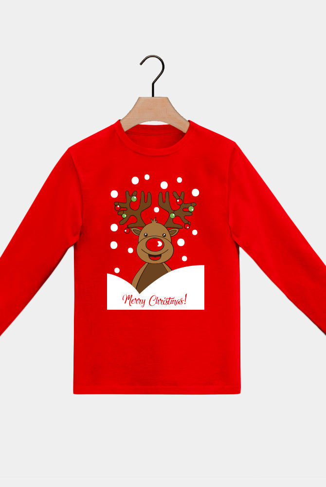 Red long sleeve Boys and Girls Ugly Christmas T-Shirt with Rudolph Reindeer
