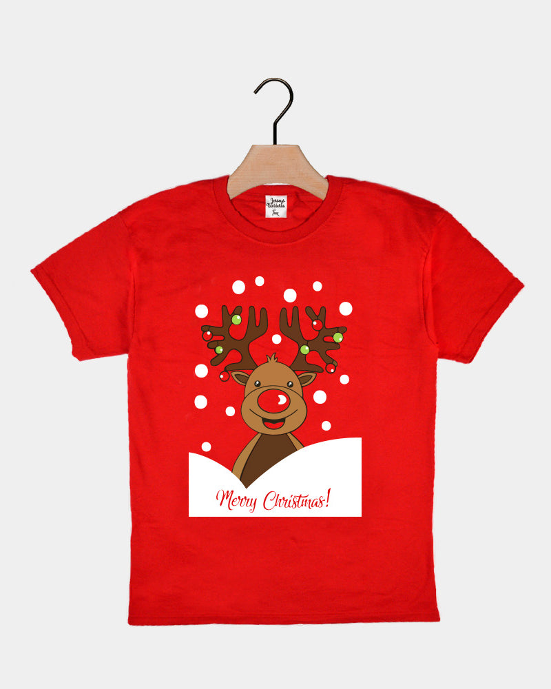 Red Boys and Girls Ugly Christmas T-Shirt with Rudolph Reindeer