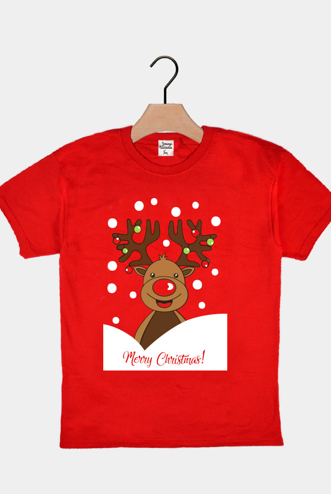 Red Boys and Girls Ugly Christmas T-Shirt with Rudolph Reindeer