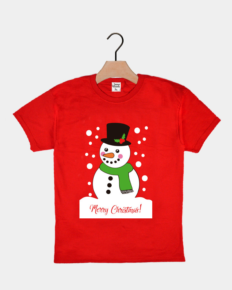 Red Boys and Girls Ugly Christmas T-Shirt with Snowman
