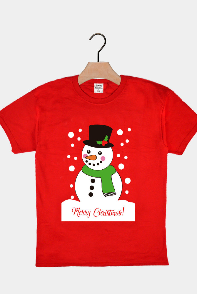 Red Boys and Girls Ugly Christmas T-Shirt with Snowman