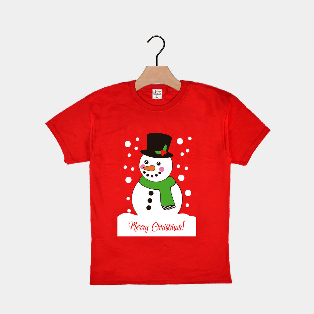 Red Boys and Girls Ugly Christmas T-Shirt with Snowman