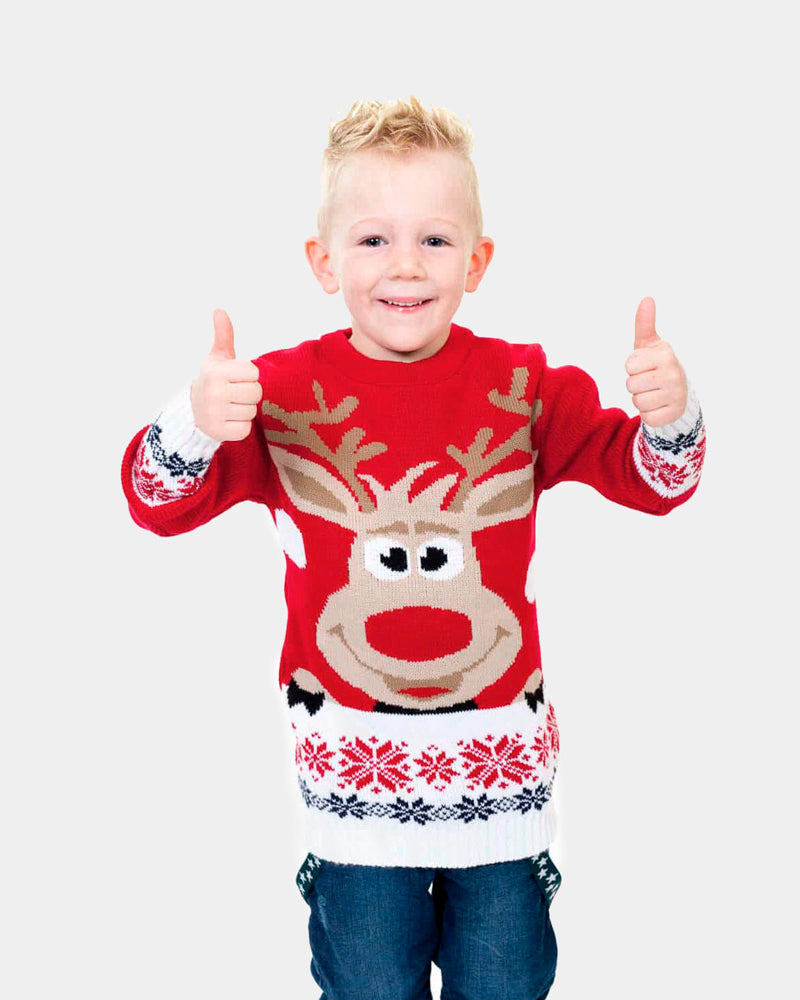 Red Boys Ugly Christmas Sweater with Reindeer and Snow